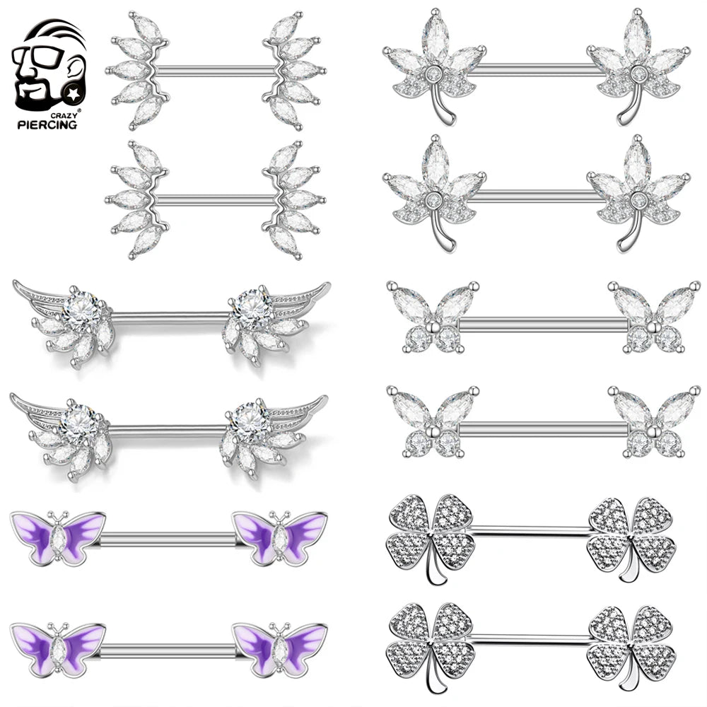 2pcs 316L Steel Maple Leaf Nipple Rings Barbell Butterfly Wing Shield Piercing for Women Girls Sexy Nipple Piercing Body Jewelry