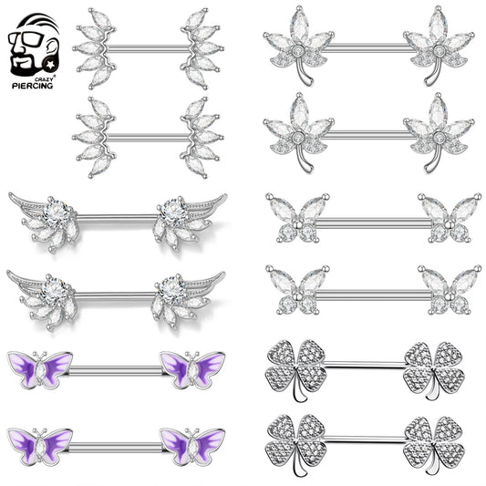 2pcs 316L Steel Maple Leaf Nipple Rings Barbell Butterfly Wing Shield Piercing for Women Girls Sexy Nipple Piercing Body Jewelry