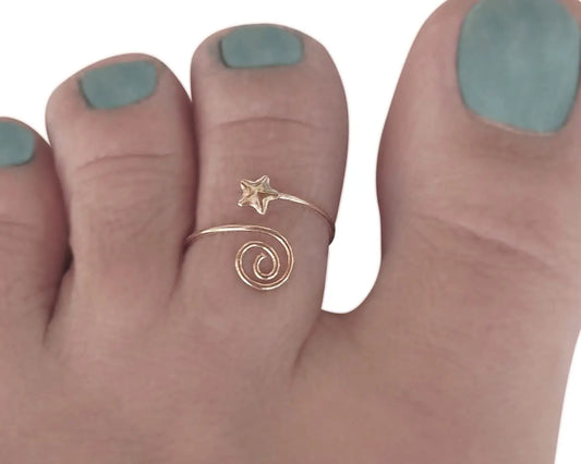 Adjustable Gold Spiral Swirl Star Toe Ring Thin Wrap Wire Karnoz Jewelry Handmade Yellow Gold Plated Over Sterling Silver