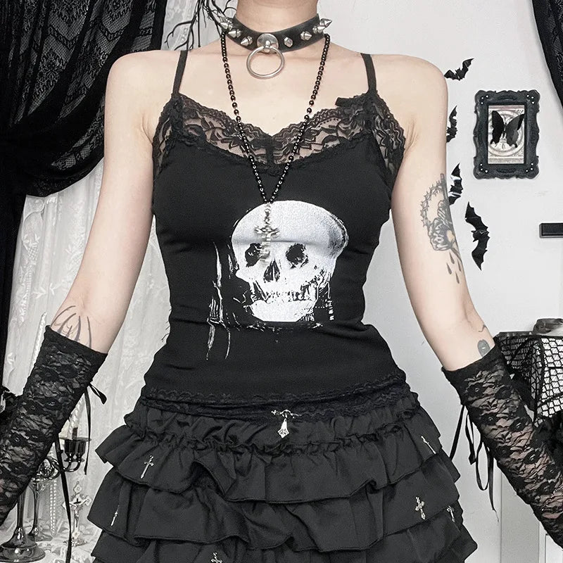 AltGoth Mall Gothic Skull Printed Camisole Women Vintage Streetwear Y2k E-girl Harajuku Cyber Punk Lace Patchwork Crop Tank Tops