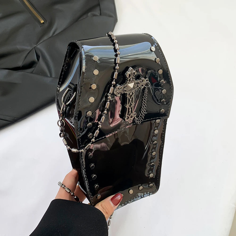 Gothic Crossbody Bag for Women Coffin Shaped Bag PVC Clear Jelly Y2K Punk Chain Shoulder Bag Female Stadium Approved Phone Bag