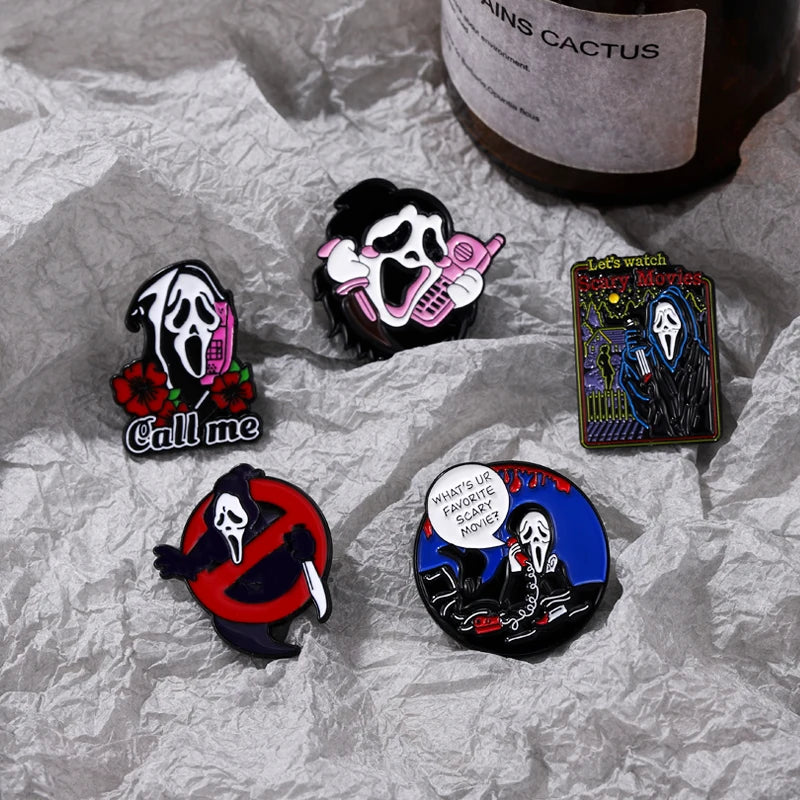 Call Me Enamel Pins What's Your Favorite Scary Movie Custom Brooches Lapel Badges Gothic Punk Skeleton Jewelry Gift for Friends