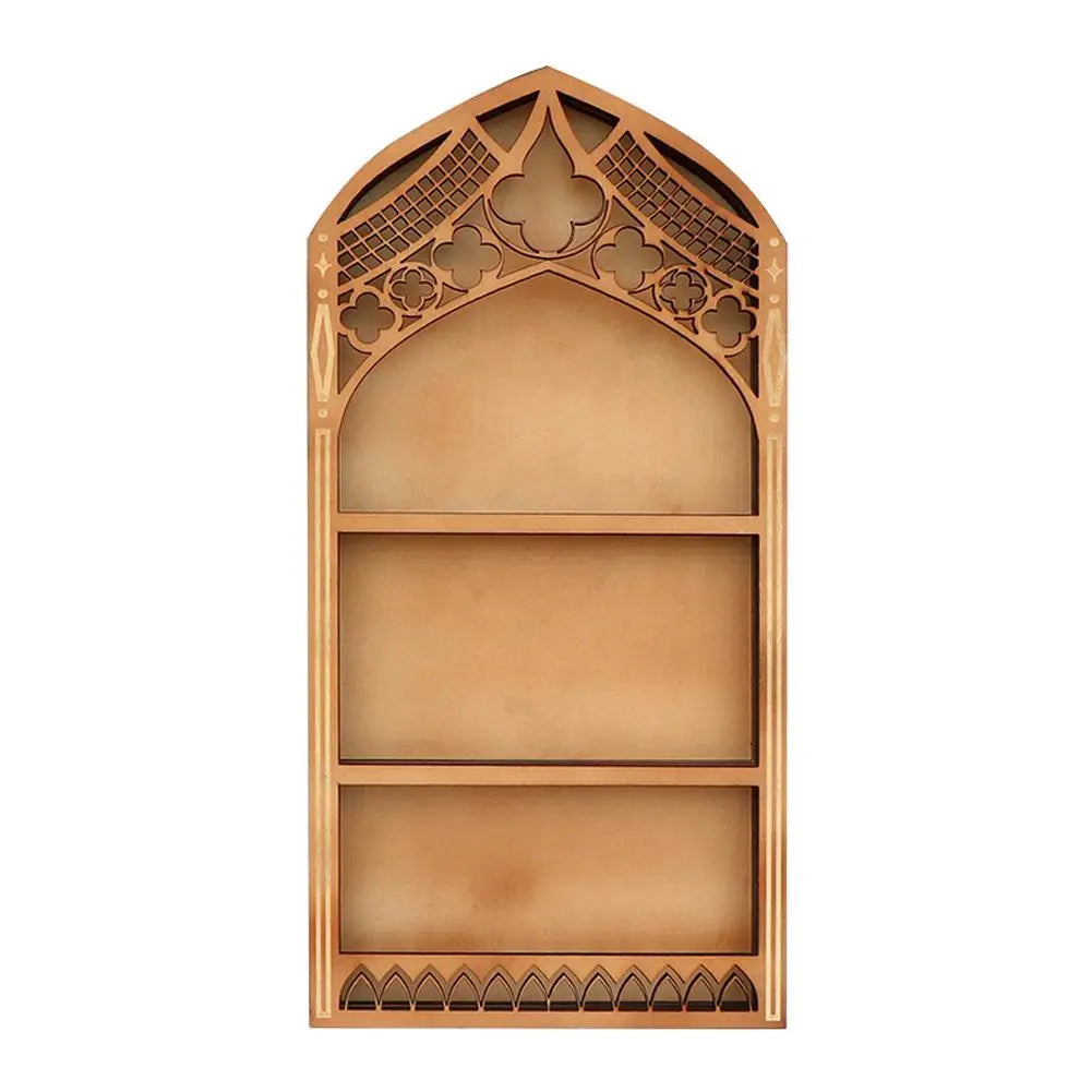 Wall Display Shelf Wood Church Window Design Stones Holder Black Wooden Shelf For Wall For Office Gothic Room Decoration