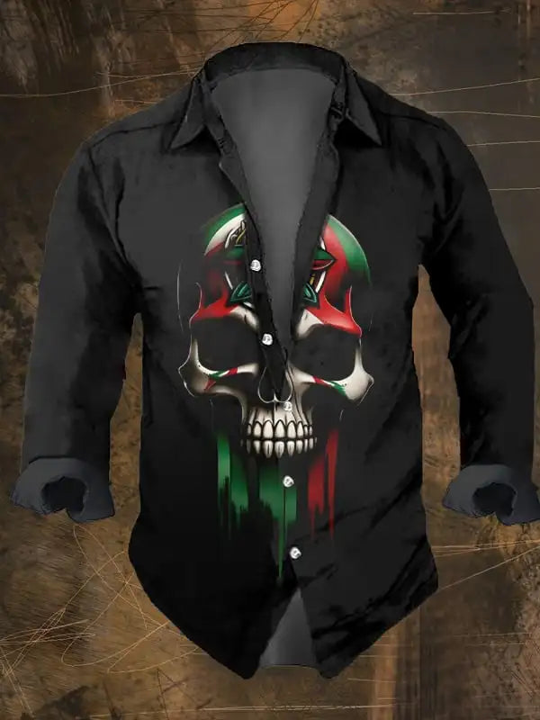 Halloween Men's Retro Dark Skull Prints Long Sleeve Shirt-Faith Chest Print,Regular Fit,Lapel Collar, Polyester Blend Black Tops