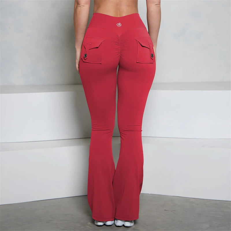 BUM Grey Pocket Flare Scrunch Butt Pants PB Women Tight-Fit Sexy Slim High Waist Pants Push Up Sport Fitness Flare Leggings