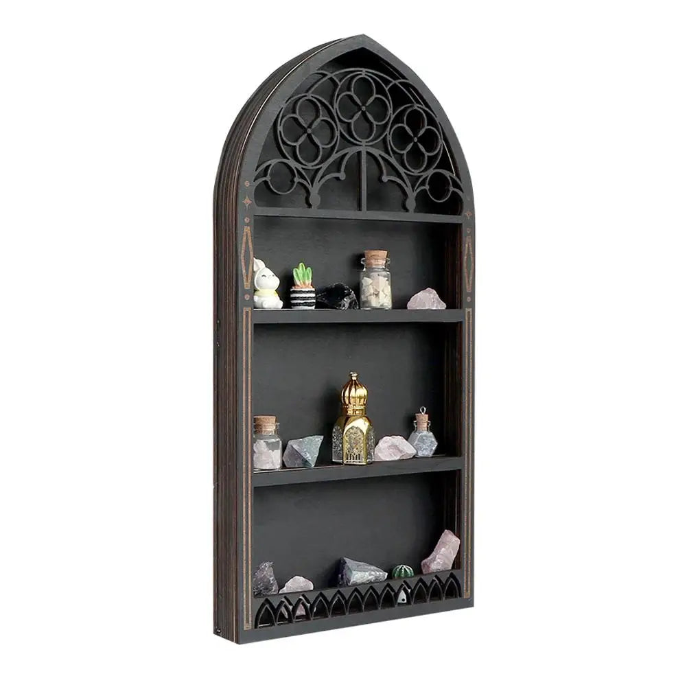 Wall Display Shelf Wood Church Window Design Stones Holder Black Wooden Shelf For Wall For Office Gothic Room Decoration