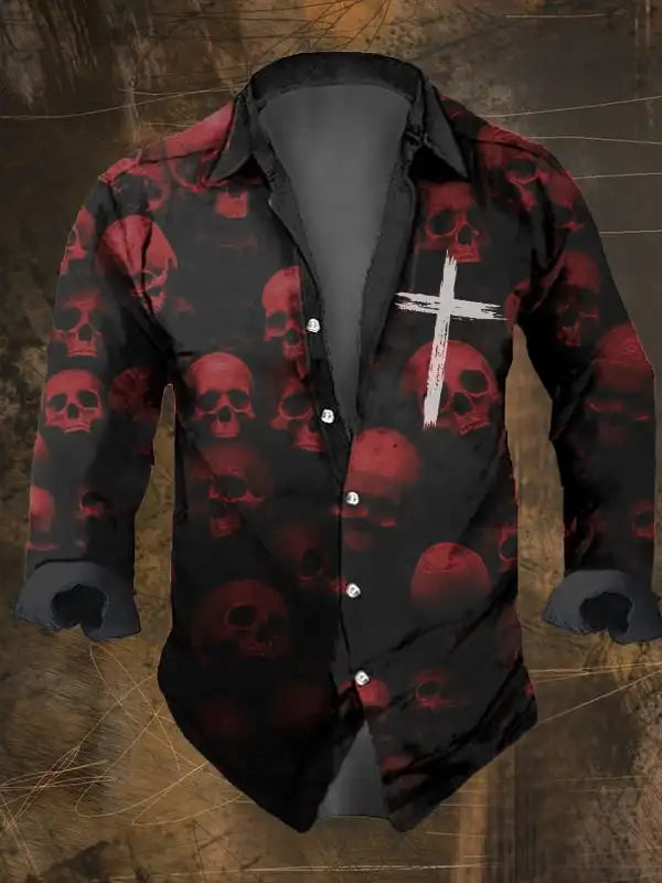 Halloween Men's Retro Dark Skull Prints Long Sleeve Shirt-Faith Chest Print,Regular Fit,Lapel Collar, Polyester Blend Black Tops