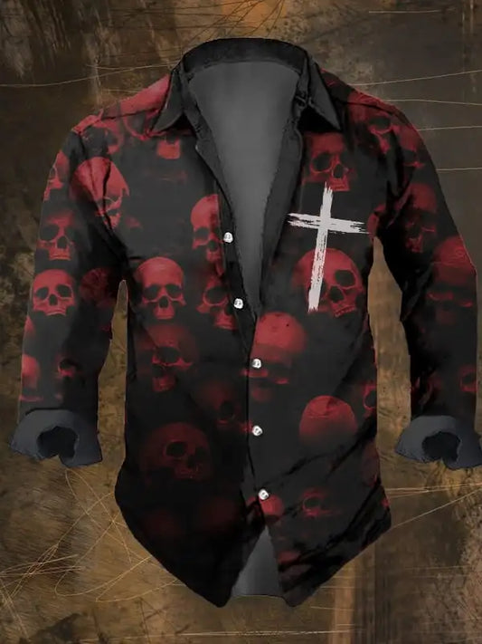 Halloween Men's Retro Dark Skull Prints Long Sleeve Shirt-Faith Chest Print,Regular Fit,Lapel Collar, Polyester Blend Black Tops