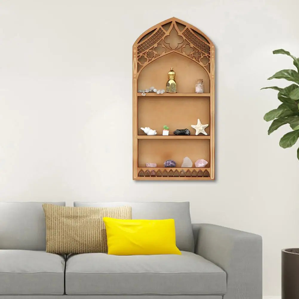 Wall Display Shelf Wood Church Window Design Stones Holder Black Wooden Shelf For Wall For Office Gothic Room Decoration