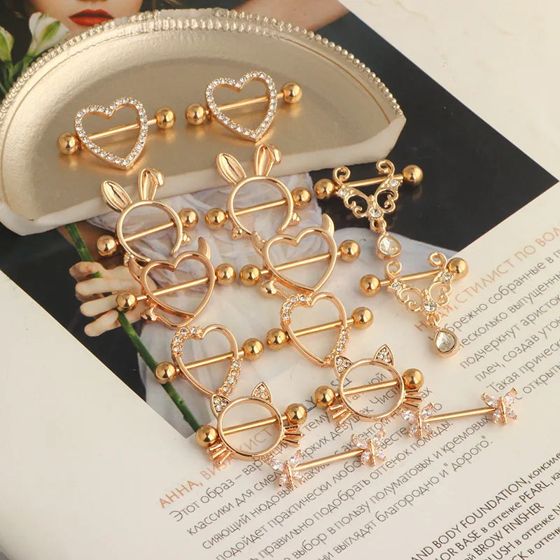Fashion Stainless Steel Heart Nipple Piercing Set Jewelry Flower Nipple Barbell Pack Crystal Nipple Ring Lot Sexy Body Piercing