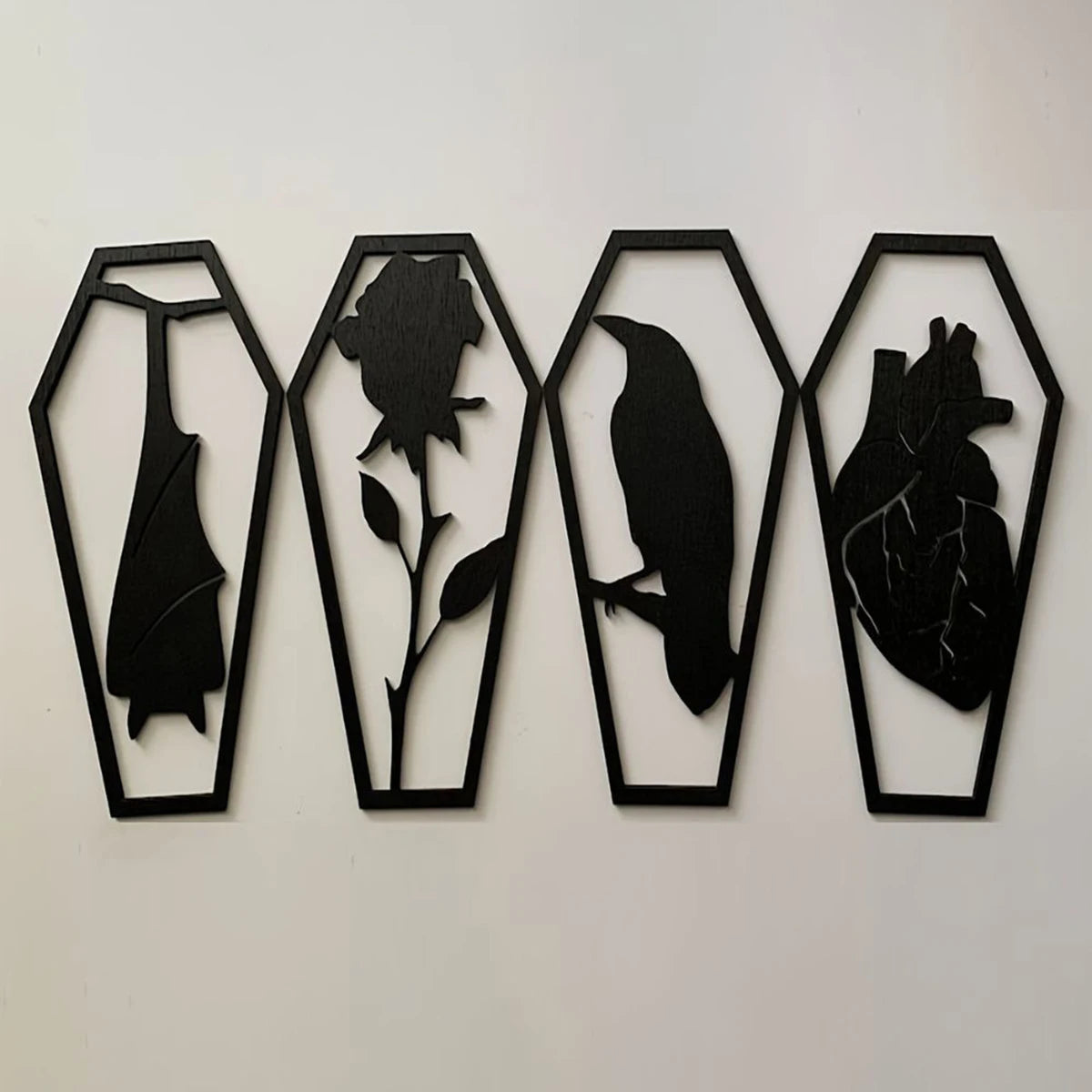 4PCS Halloween Wooden Bat & Crow Decoration, Rose Flower Wall Hanging, Dark Heart Coffin Decor, Gothic Craft Ornament