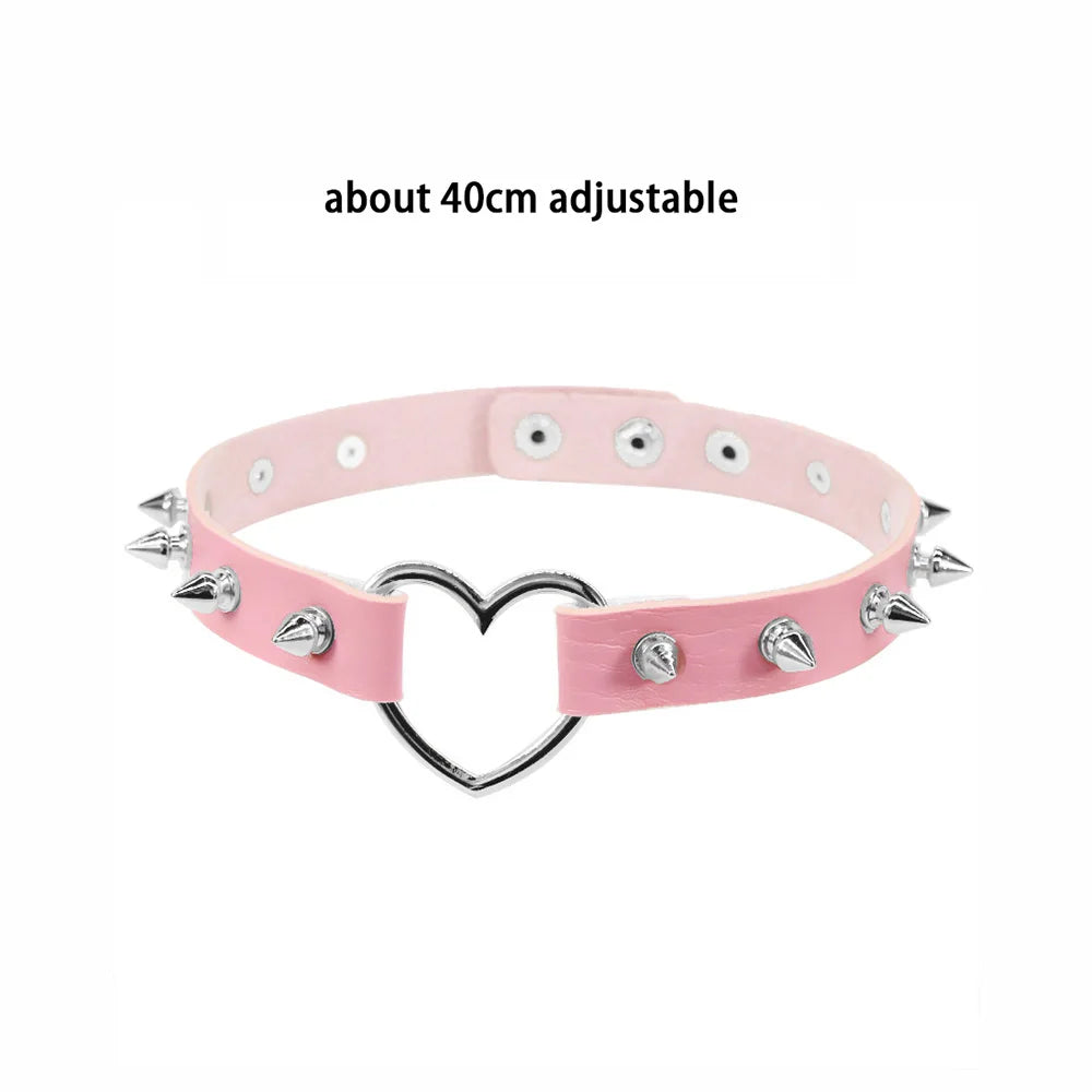 Pink Sexy Trendy Rock Gothic Collar Necklaces Jewelry Gothic Leather Heart Rivets Harajuku Punk Choker Necklace for Women Gift