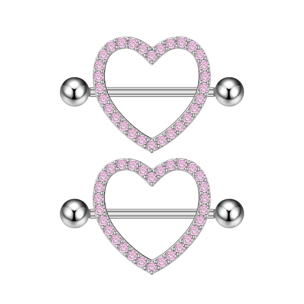 2pcs Cute Nipple Piercings Barbell Stainless Steel Crystal Nipple Shield Cover Heart Flower Nipple Rings Jewelry Body 1.6mm*16mm