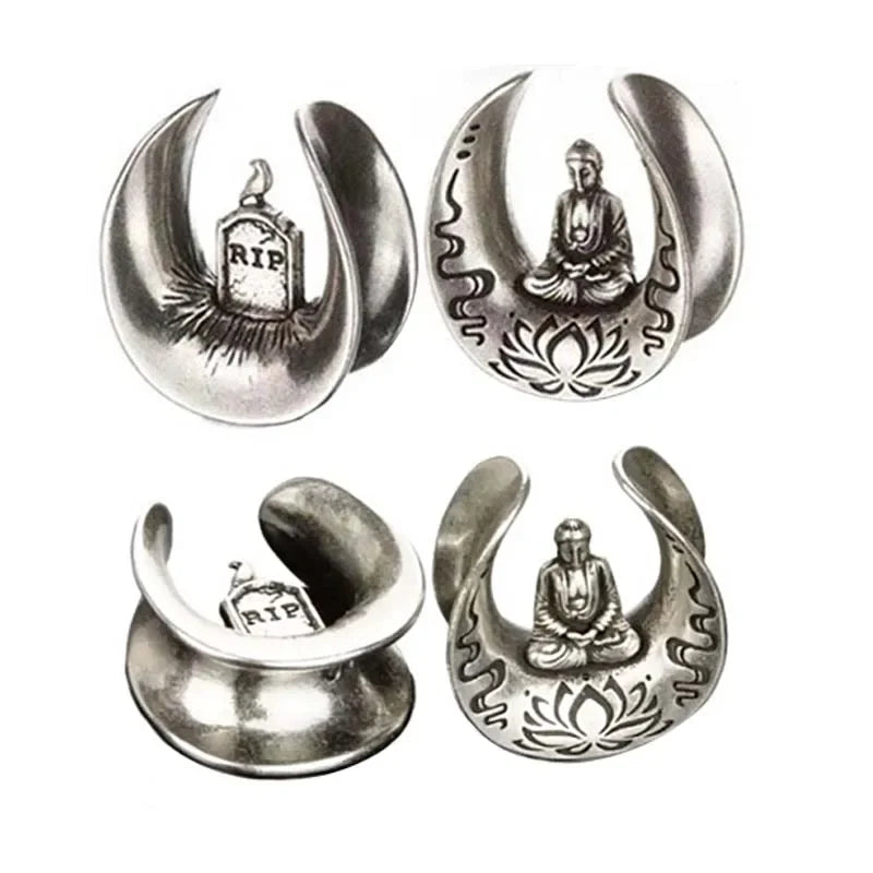 2pcs U-shaped Handmade Tombstone Buddha Pattern Ear Piercing Stainless Steel Earplugs Expander Stretcher Piercing Jewelry 8-16MM