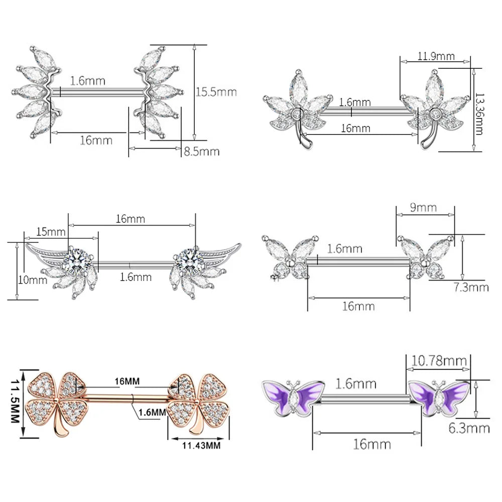 2pcs 316L Steel Maple Leaf Nipple Rings Barbell Butterfly Wing Shield Piercing for Women Girls Sexy Nipple Piercing Body Jewelry