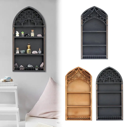 Wall Display Shelf Wood Church Window Design Stones Holder Black Wooden Shelf For Wall For Office Gothic Room Decoration