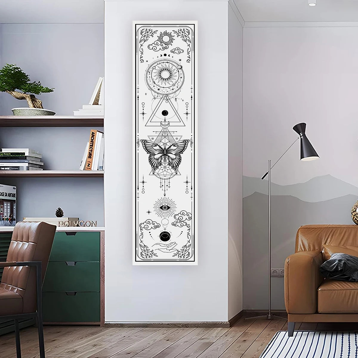 Gothic Witchy Sun & Moon Vertical Tapestry Black And White Butterfly Wall Hanging For Living Room, Bedroom Aesthetic Home Decor