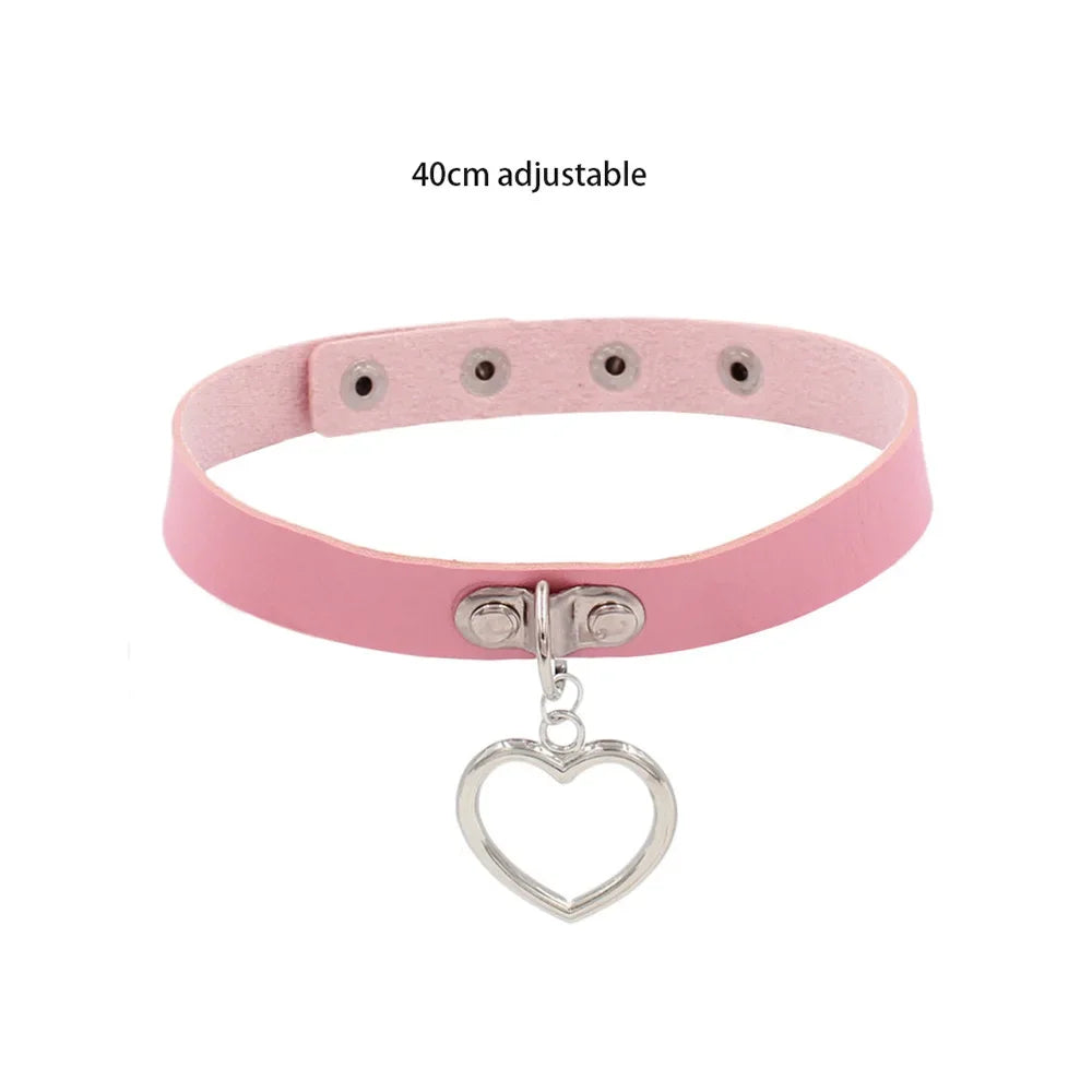 Pink Sexy Trendy Rock Gothic Collar Necklaces Jewelry Gothic Leather Heart Rivets Harajuku Punk Choker Necklace for Women Gift