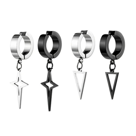 2pcs Unisex Punk Stainless Steel Men Women Non-Piercing Ear Clip Triangle Star Pendant Drop Dangle Earrings Black Silver Color