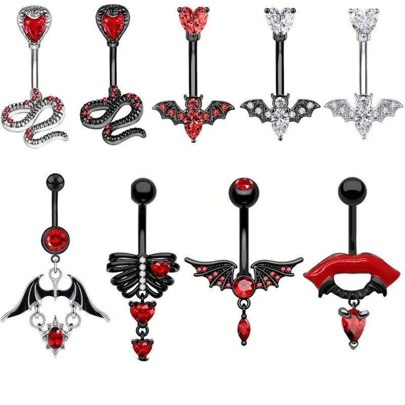 New stainless steel bat belly button ring, personalized snake shaped belly button buckle, fashionable skull piercing accessory