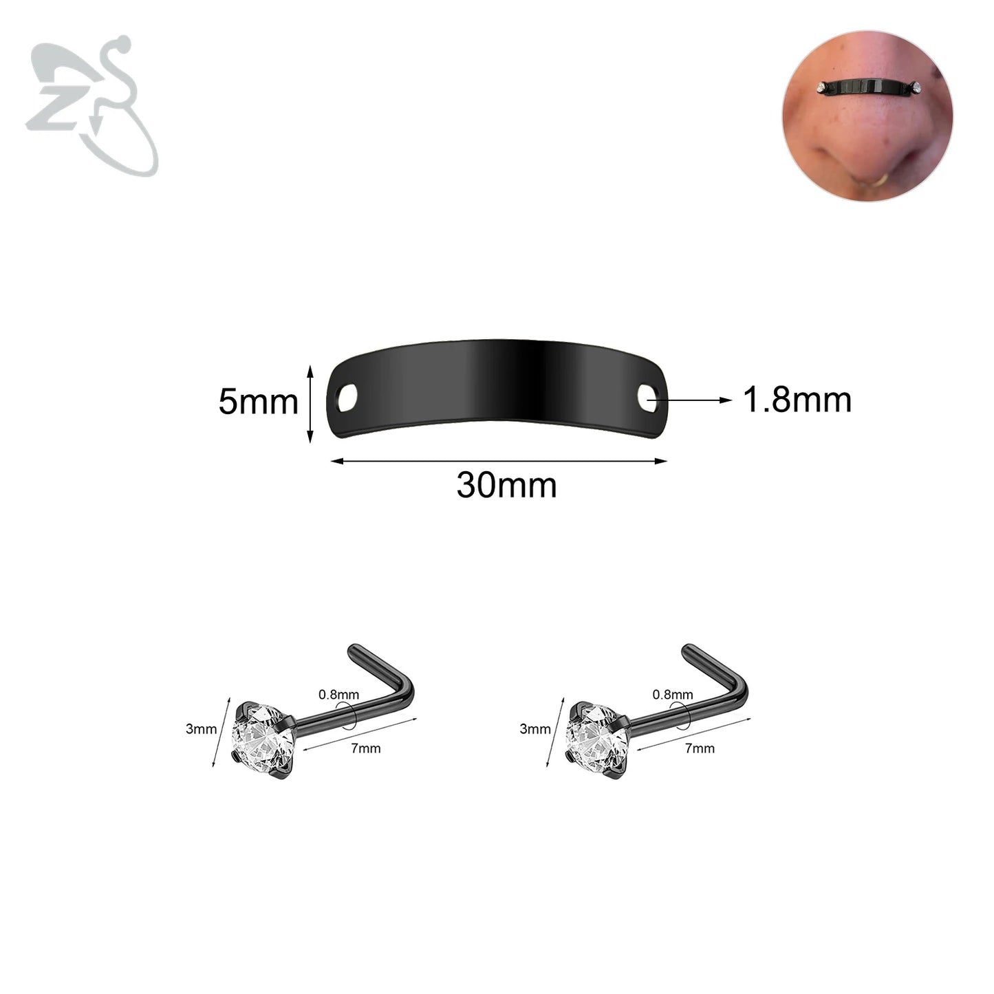 ZS 1 Set 24/30/35/40/45/50MM Stainelss Steel Nose Piercing For Men Women Punk Adjustable Nostril Bridge Piercings Body Jewelry