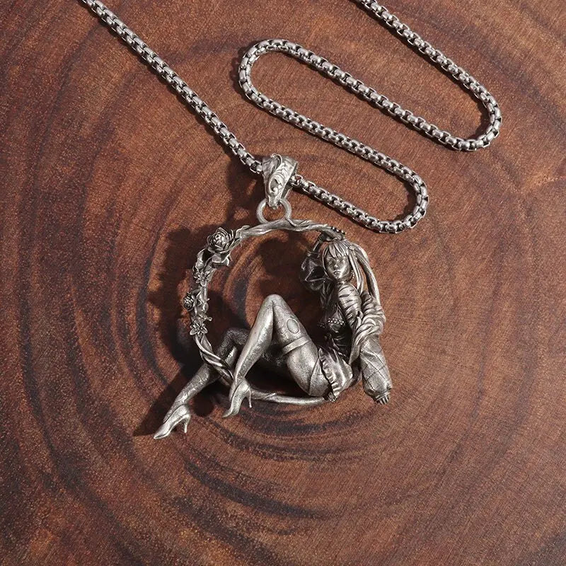 Cartoon Mechanical High Heels Dancing Girl Wreath Pendant Necklace Men and Women Hip Hop Trend Charm Jewelry Gift