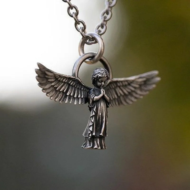 Fashion silver color guardian angel pendant necklace men and women personality angel wings prayer pendant necklace couple gift