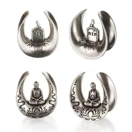 2pcs U-shaped Handmade Tombstone Buddha Pattern Ear Piercing Stainless Steel Earplugs Expander Stretcher Piercing Jewelry 8-16MM