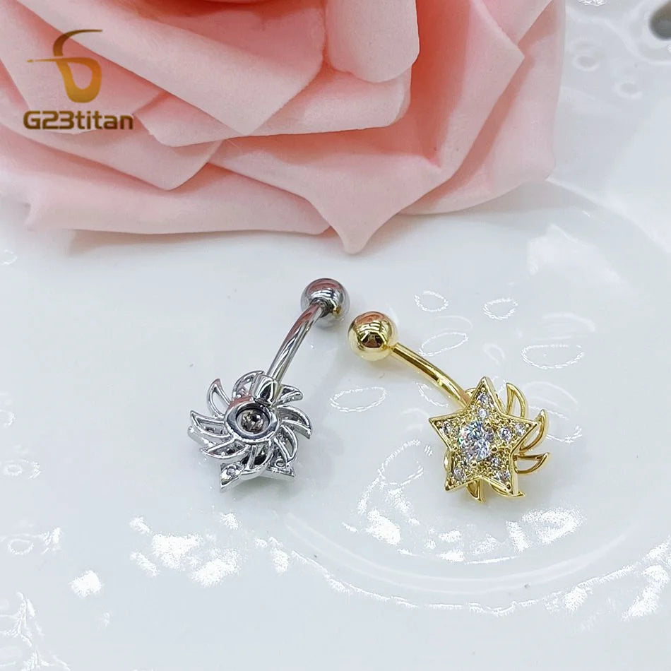 Cute Rotatable Star Windmill Belly Ring Hypoallergenic 14G Titanium Navel Piercing Bar Jewelry Couple Sexy Flirting Accessories