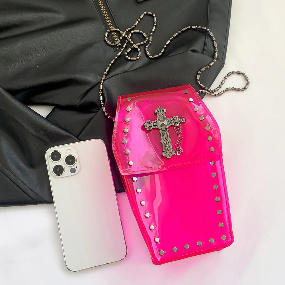 Gothic Crossbody Bag for Women Coffin Shaped Bag PVC Clear Jelly Y2K Punk Chain Shoulder Bag Female Stadium Approved Phone Bag