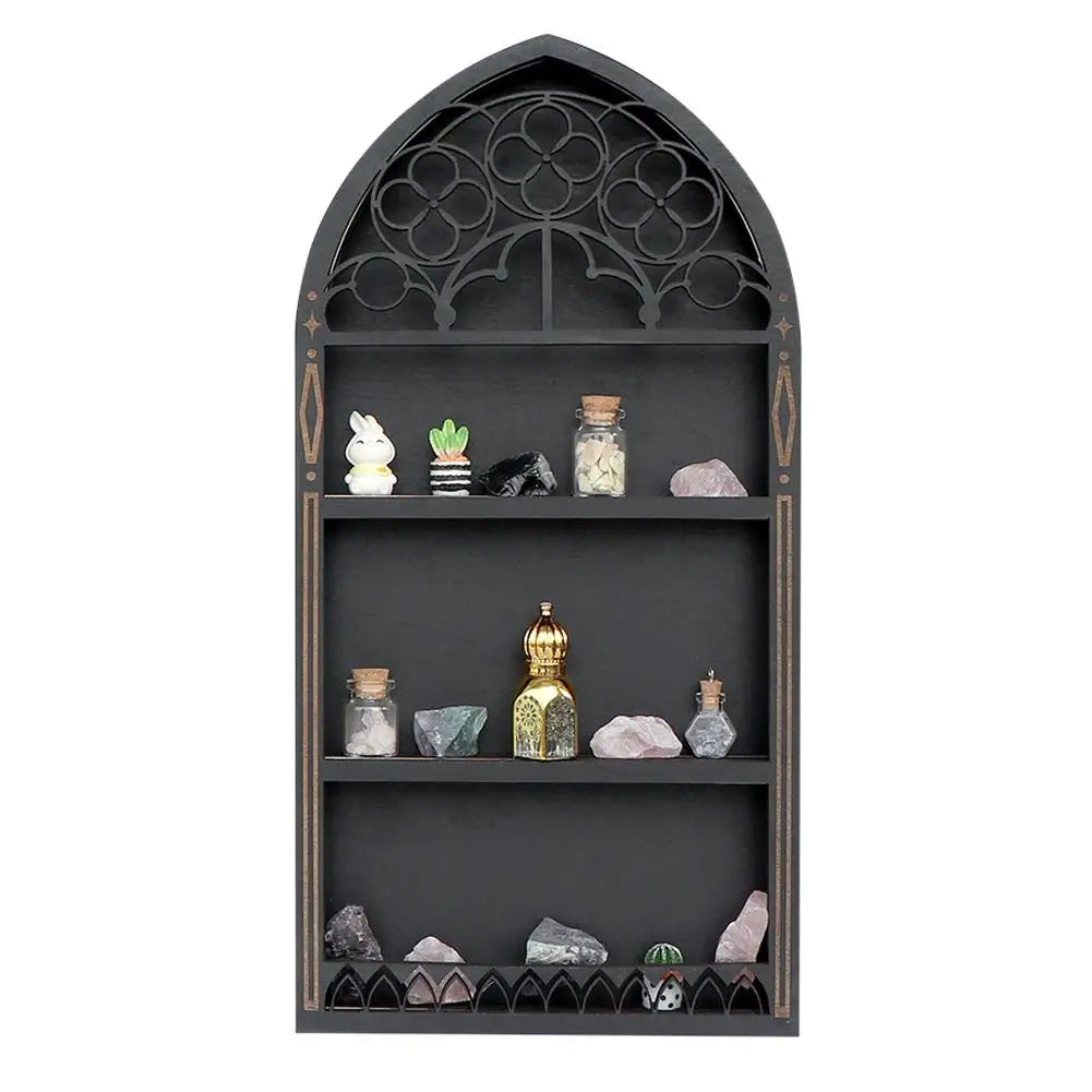 Wall Display Shelf Wood Church Window Design Stones Holder Black Wooden Shelf For Wall For Office Gothic Room Decoration