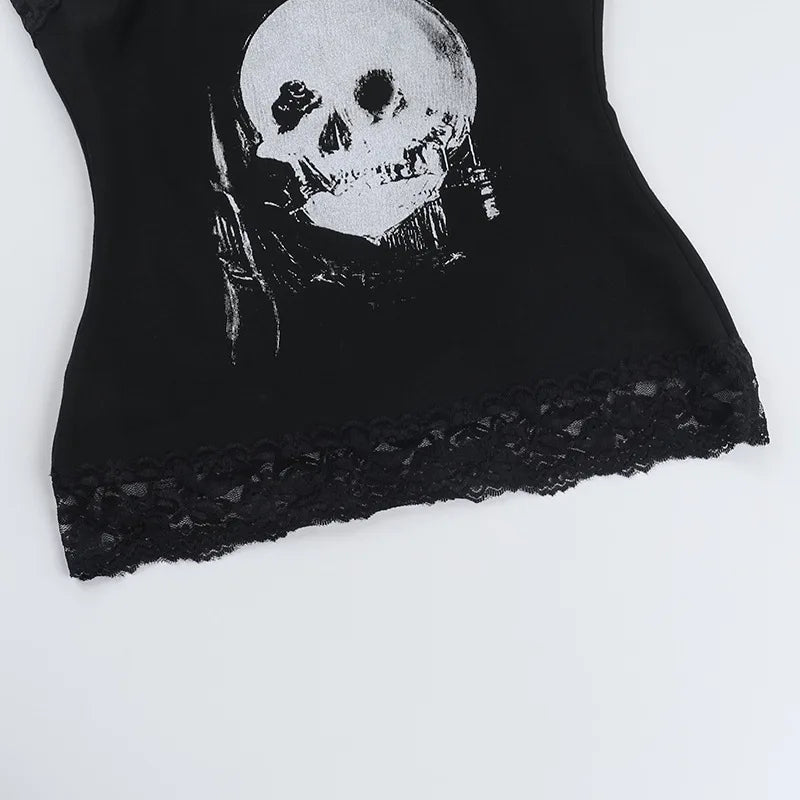 AltGoth Mall Gothic Skull Printed Camisole Women Vintage Streetwear Y2k E-girl Harajuku Cyber Punk Lace Patchwork Crop Tank Tops