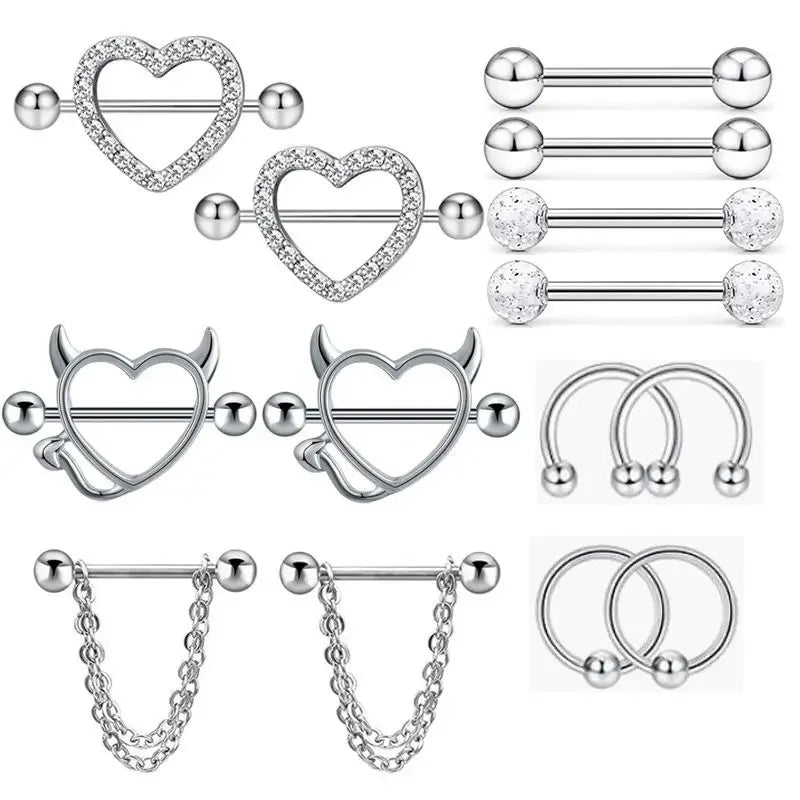 Fashion Stainless Steel Heart Nipple Piercing Set Jewelry Flower Nipple Barbell Pack Crystal Nipple Ring Lot Sexy Body Piercing