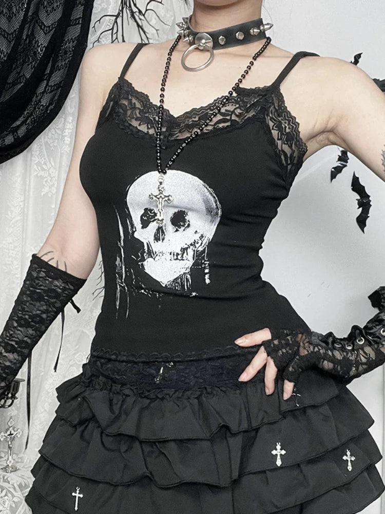 AltGoth Mall Gothic Skull Printed Camisole Women Vintage Streetwear Y2k E-girl Harajuku Cyber Punk Lace Patchwork Crop Tank Tops