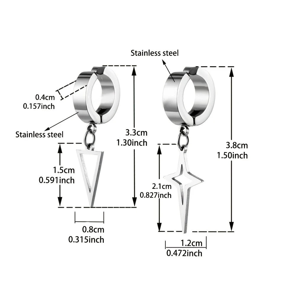 2pcs Unisex Punk Stainless Steel Men Women Non-Piercing Ear Clip Triangle Star Pendant Drop Dangle Earrings Black Silver Color