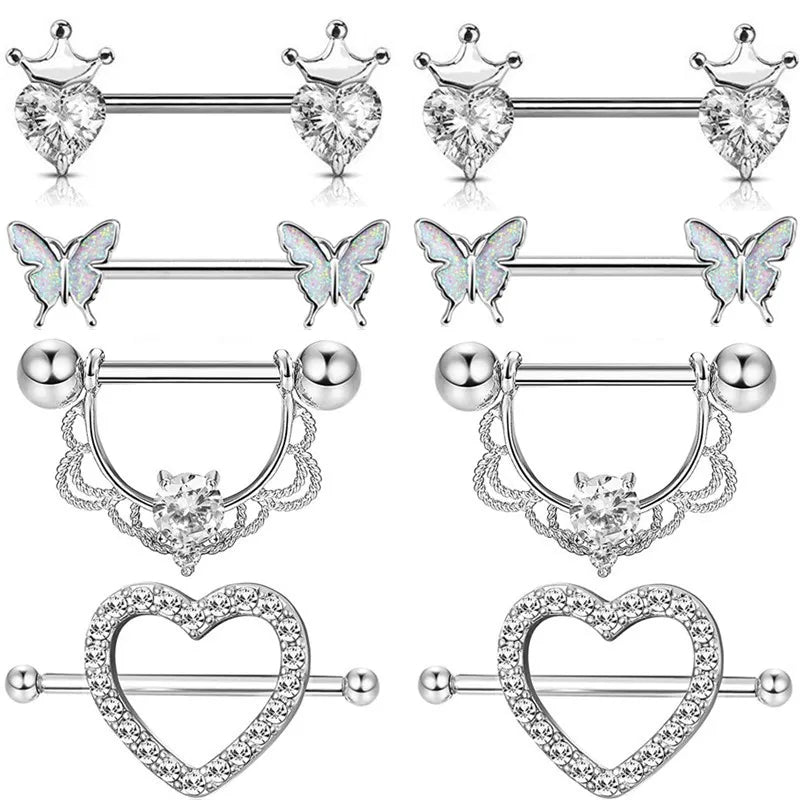 Stainless Steel Crown Nipple Piercing Set Heart Nipple Jewelry Bulk Crystal Nipple Ring Lot Piercing Pezon Body Jewelry Pack