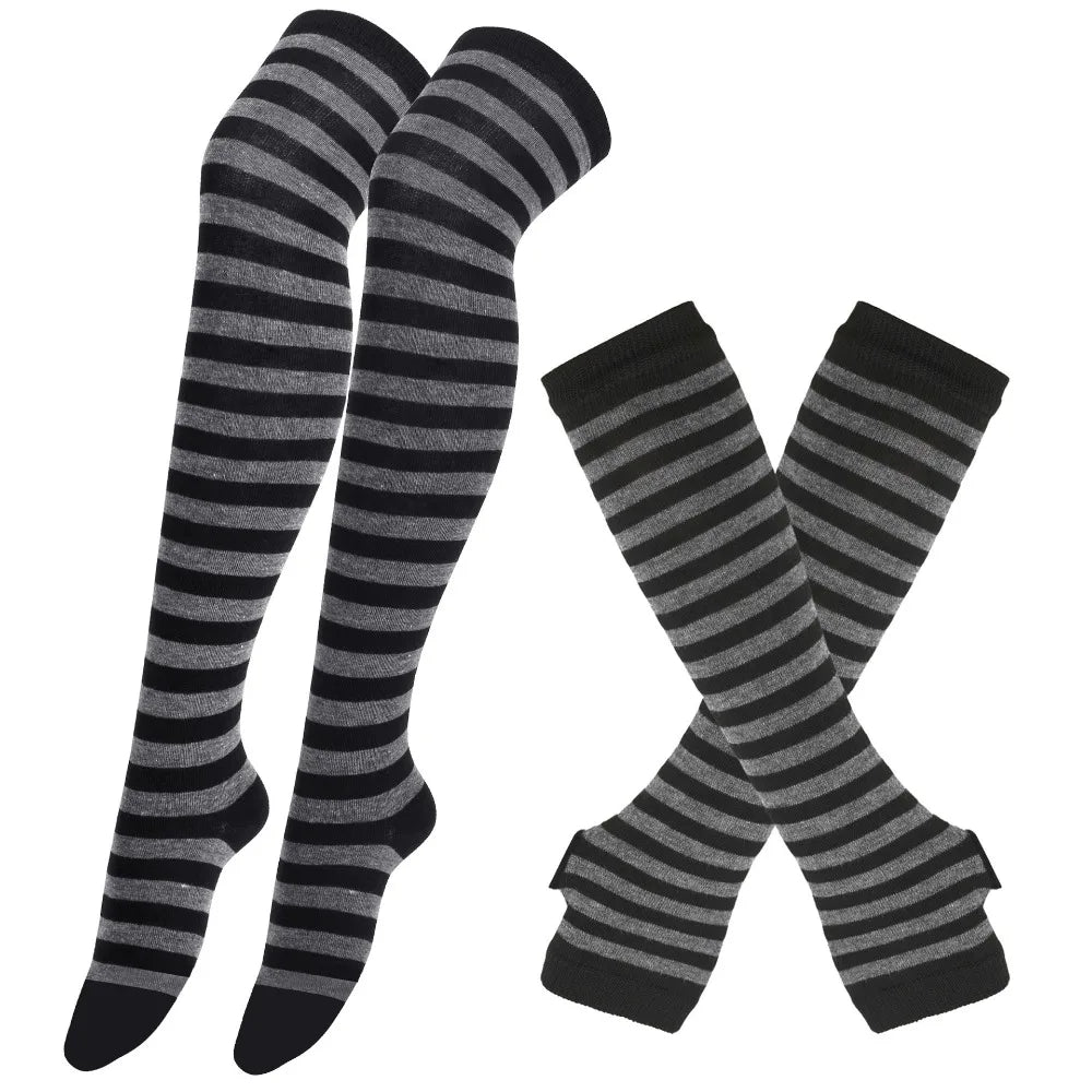 2Pair/Set Women Gothic Punk Over Knee Long Stripe Socks Girl Arm Sleeve Gloves Thigh High Cotton Socks Sweet Cute Christmas Gift