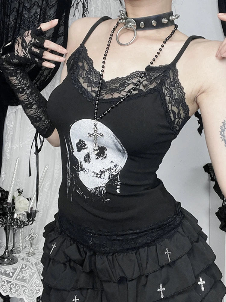 AltGoth Mall Gothic Skull Printed Camisole Women Vintage Streetwear Y2k E-girl Harajuku Cyber Punk Lace Patchwork Crop Tank Tops