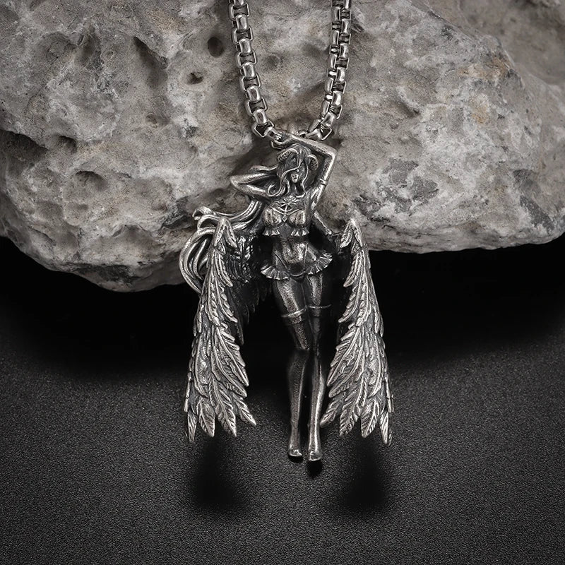 Fashion silver color guardian angel pendant necklace men and women personality angel wings prayer pendant necklace couple gift