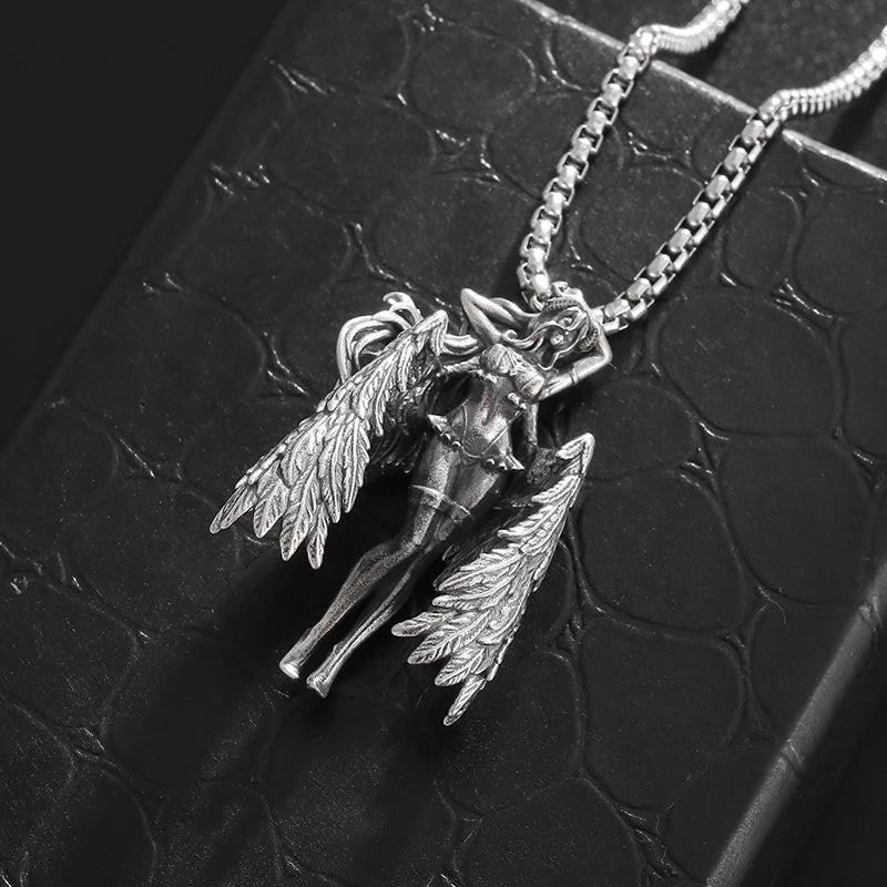 Fashion silver color guardian angel pendant necklace men and women personality angel wings prayer pendant necklace couple gift