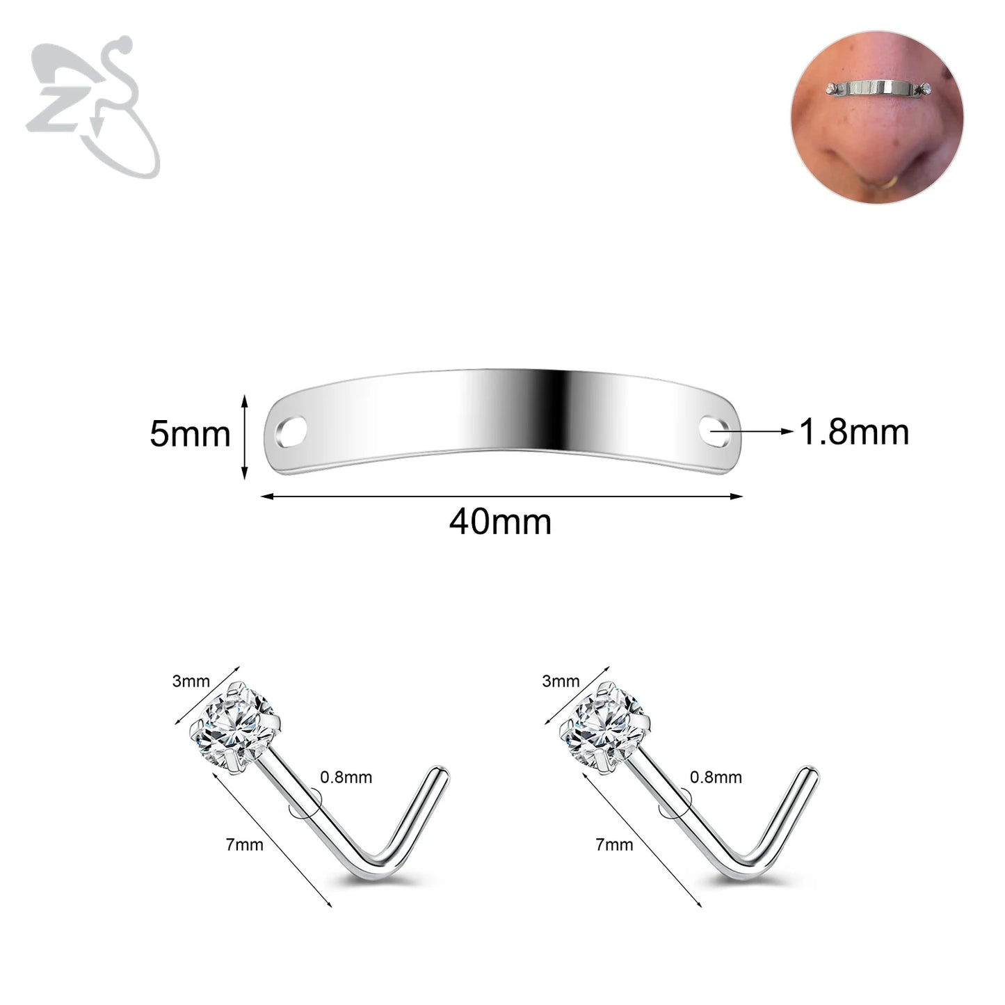 ZS 1 Set 24/30/35/40/45/50MM Stainelss Steel Nose Piercing For Men Women Punk Adjustable Nostril Bridge Piercings Body Jewelry