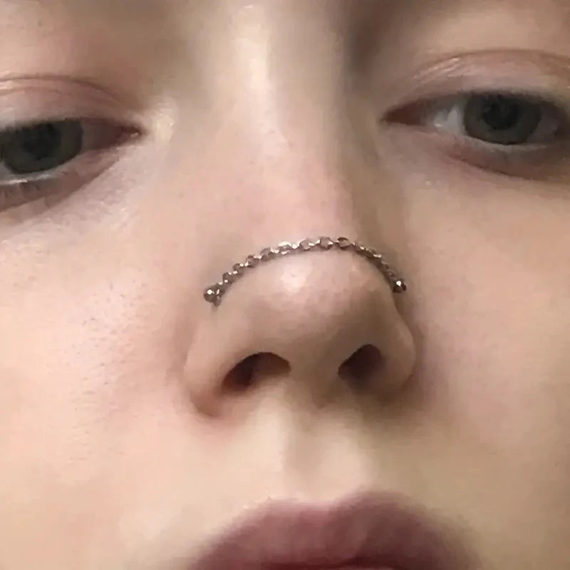 1pc Nose Ring With Chain Double Piercing Nose Stud Zircon L Shaped Stainless Steel Nostril Body Jewelry