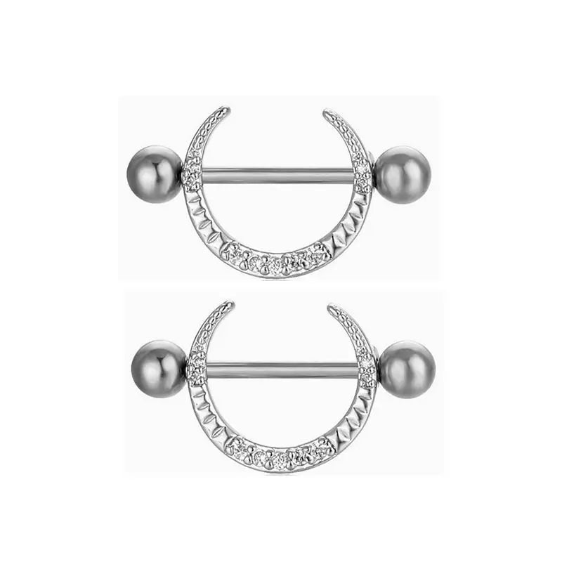2pcs Micro Inlaid Zircon Moon Shaped Nipple Ring 14G 16mm Length Straight Titanium Steel Barbell Body Piercing Jewelry Adornment