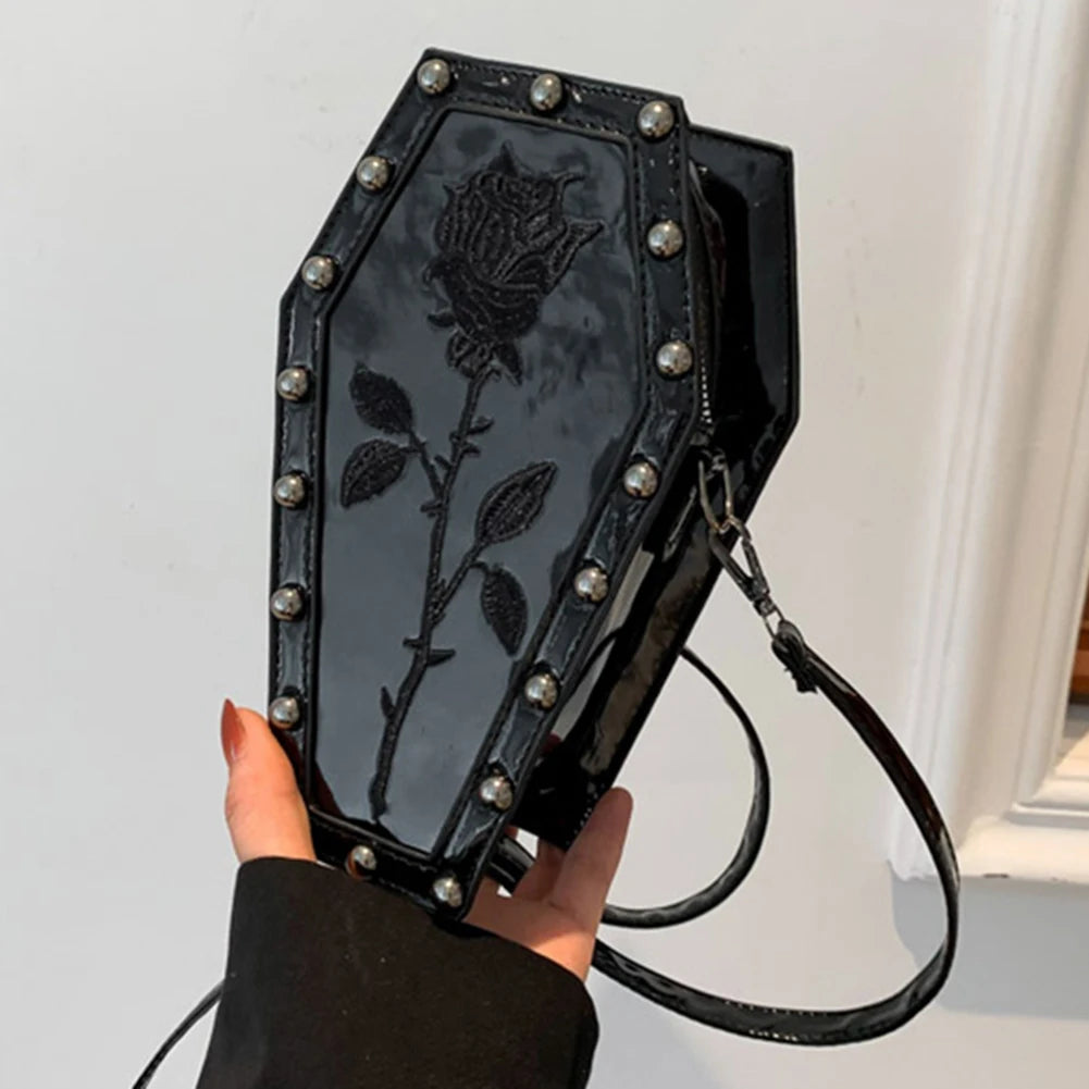 Halloween Cobweb Shoulder Bag Large Capacity Gothic Coffin Shaped Satchel Purse Adjustable Strap Spider Web PU Leather Hobo Bag