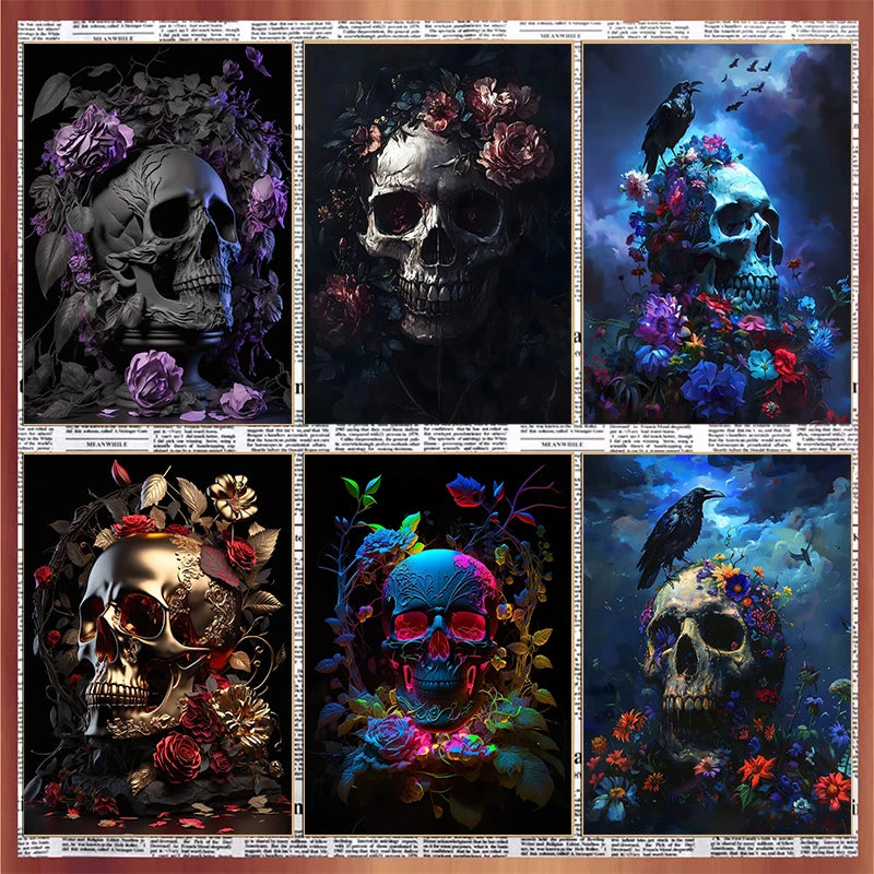 Flower Skull Dark Style Canvas Art Printing Fashion Popular Room Home Decoration Villa Natural Wall Art Printing Decoration Gift