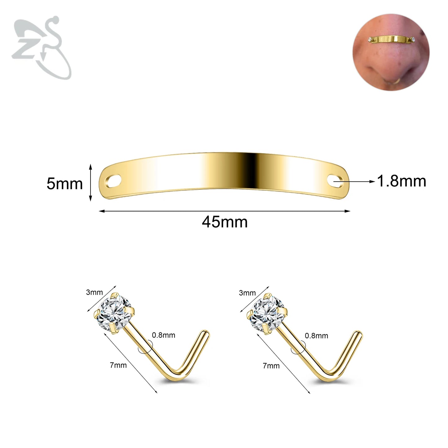 ZS 1 Set 24/30/35/40/45/50MM Stainelss Steel Nose Piercing For Men Women Punk Adjustable Nostril Bridge Piercings Body Jewelry