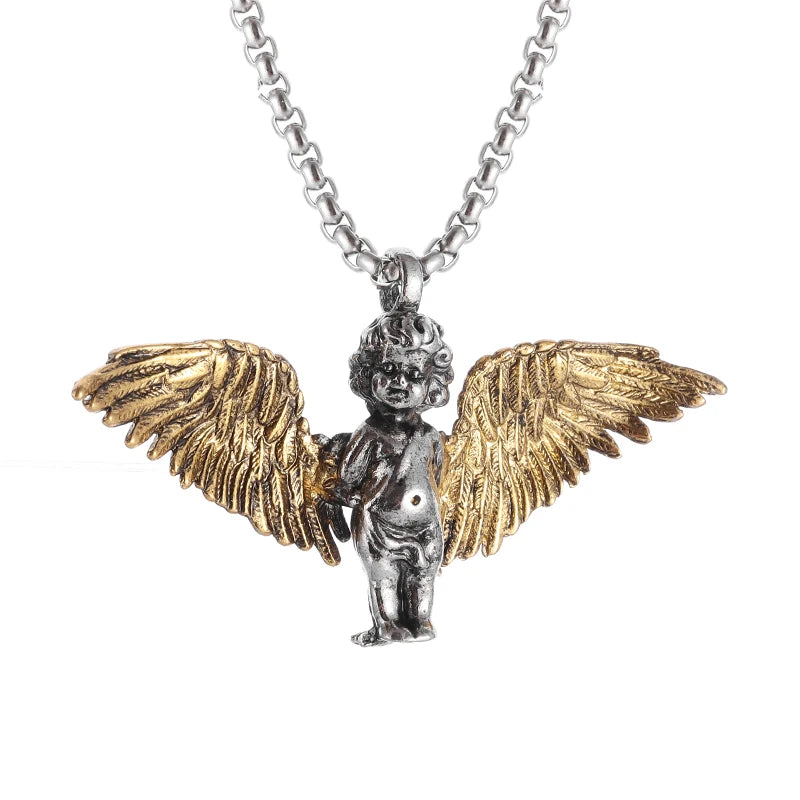Fashion silver color guardian angel pendant necklace men and women personality angel wings prayer pendant necklace couple gift