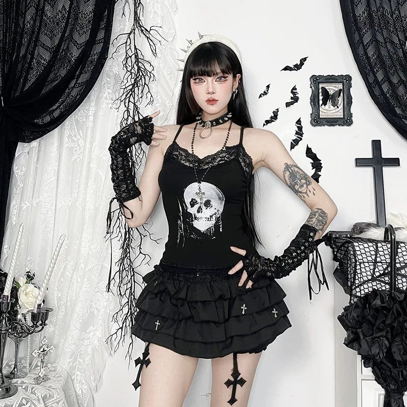 AltGoth Mall Gothic Skull Printed Camisole Women Vintage Streetwear Y2k E-girl Harajuku Cyber Punk Lace Patchwork Crop Tank Tops