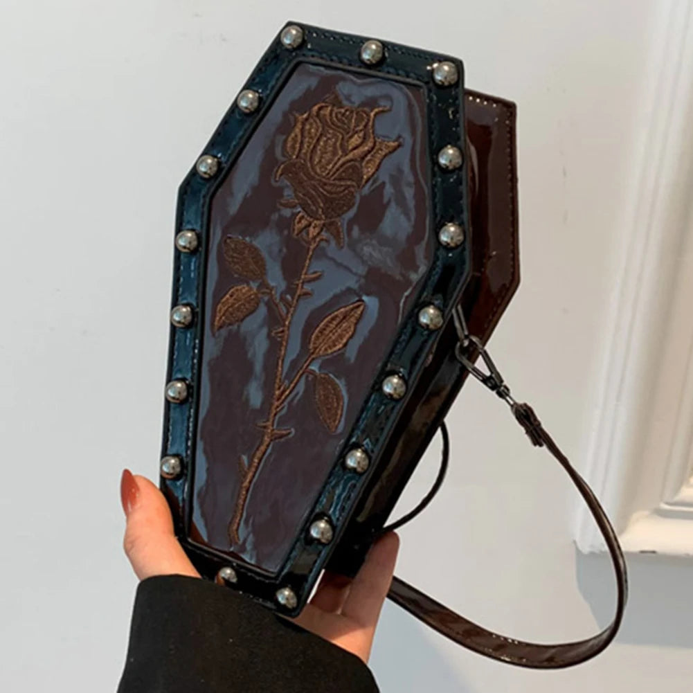Halloween Cobweb Shoulder Bag Large Capacity Gothic Coffin Shaped Satchel Purse Adjustable Strap Spider Web PU Leather Hobo Bag