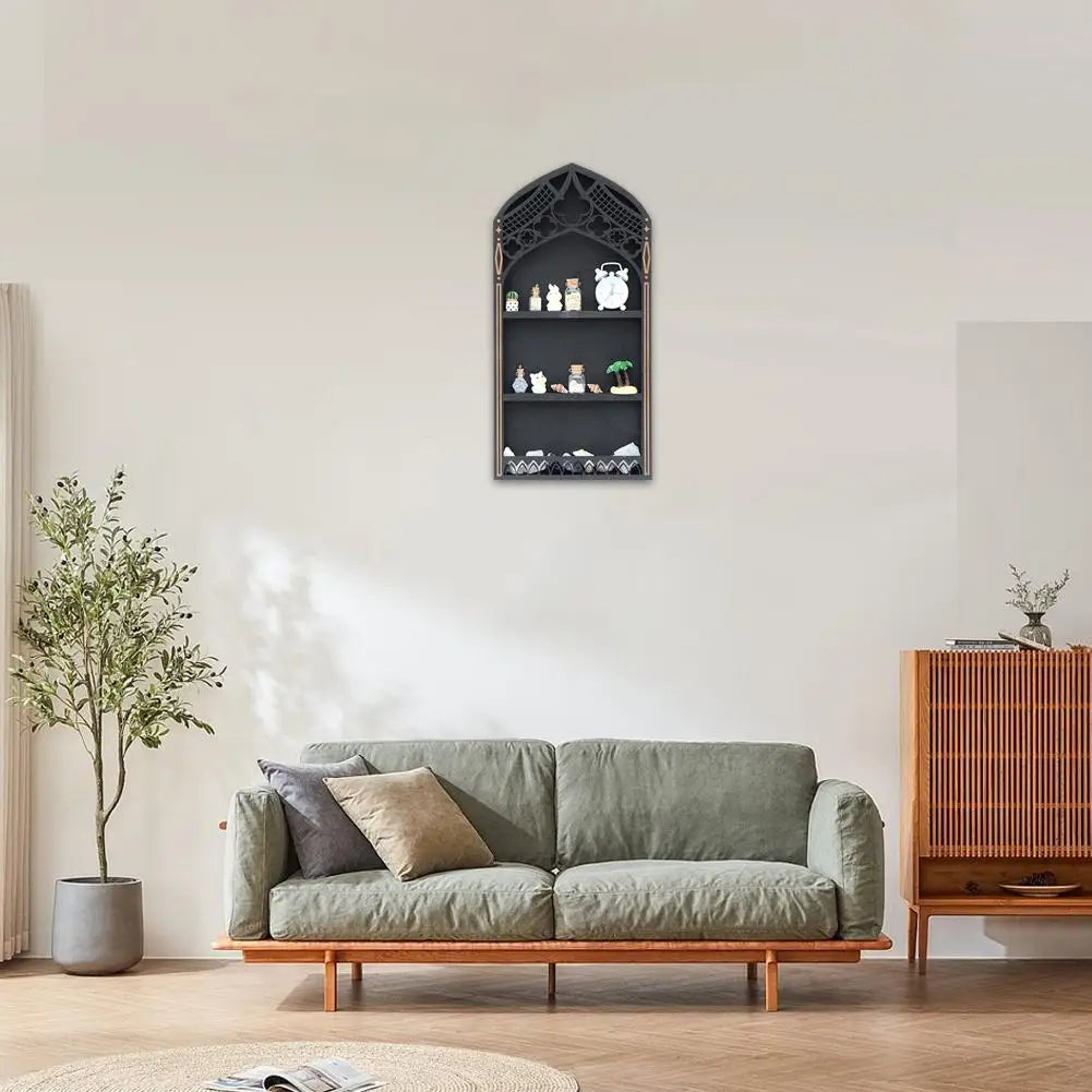 Wall Display Shelf Wood Church Window Design Stones Holder Black Wooden Shelf For Wall For Office Gothic Room Decoration